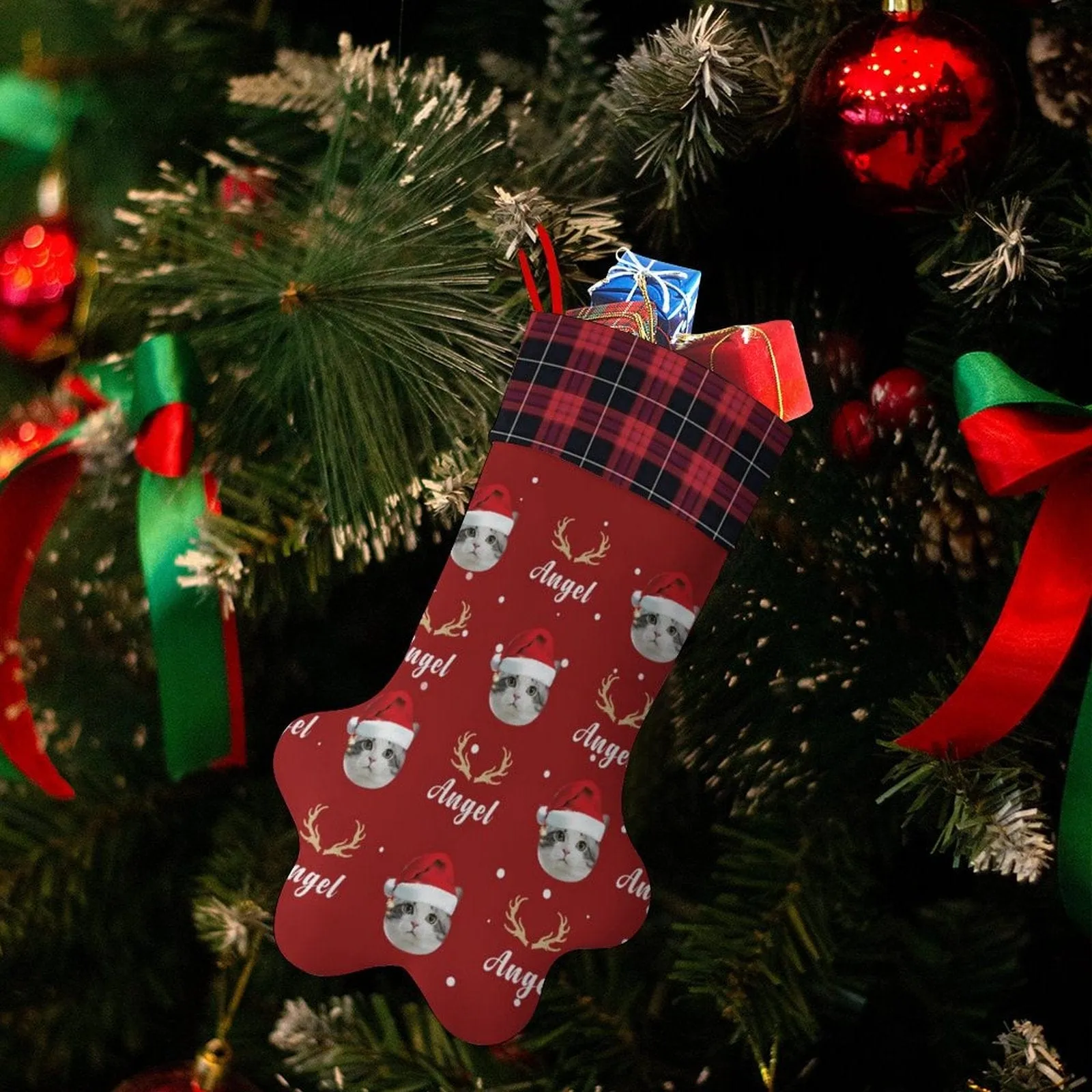 16.6in(L) Plus Size-Custom Pet Face Red Hat Socks Paw Christmas Stocking Holiday Decor Gifts