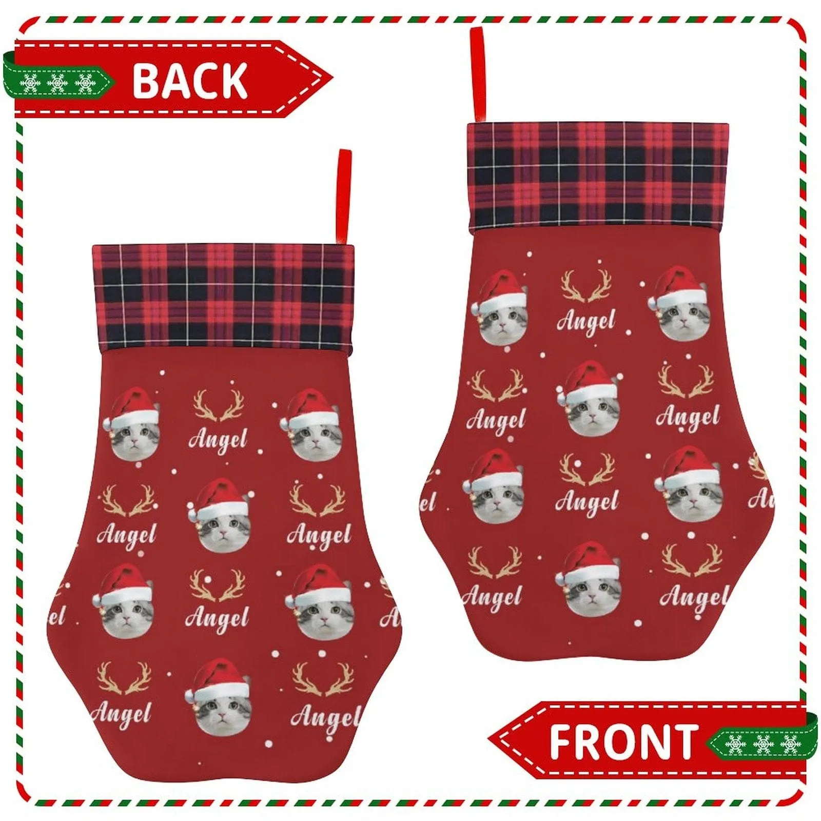16.6in(L) Plus Size-Custom Pet Face Red Hat Socks Paw Christmas Stocking Holiday Decor Gifts