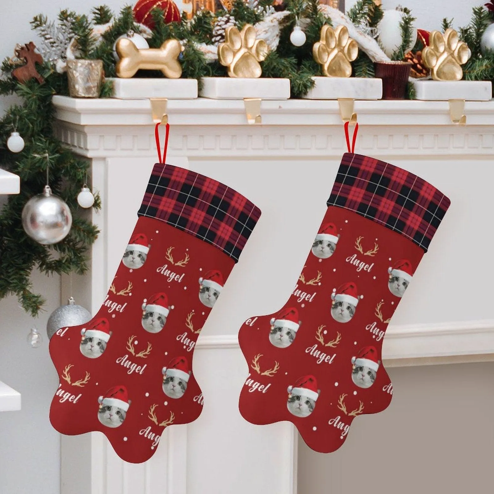 16.6in(L) Plus Size-Custom Pet Face Red Hat Socks Paw Christmas Stocking Holiday Decor Gifts