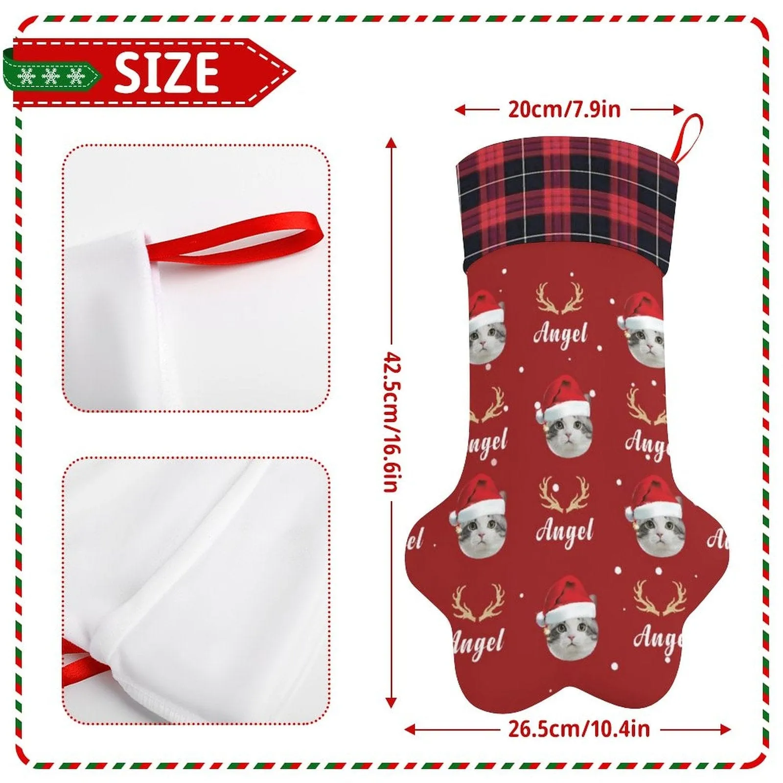 16.6in(L) Plus Size-Custom Pet Face Red Hat Socks Paw Christmas Stocking Holiday Decor Gifts