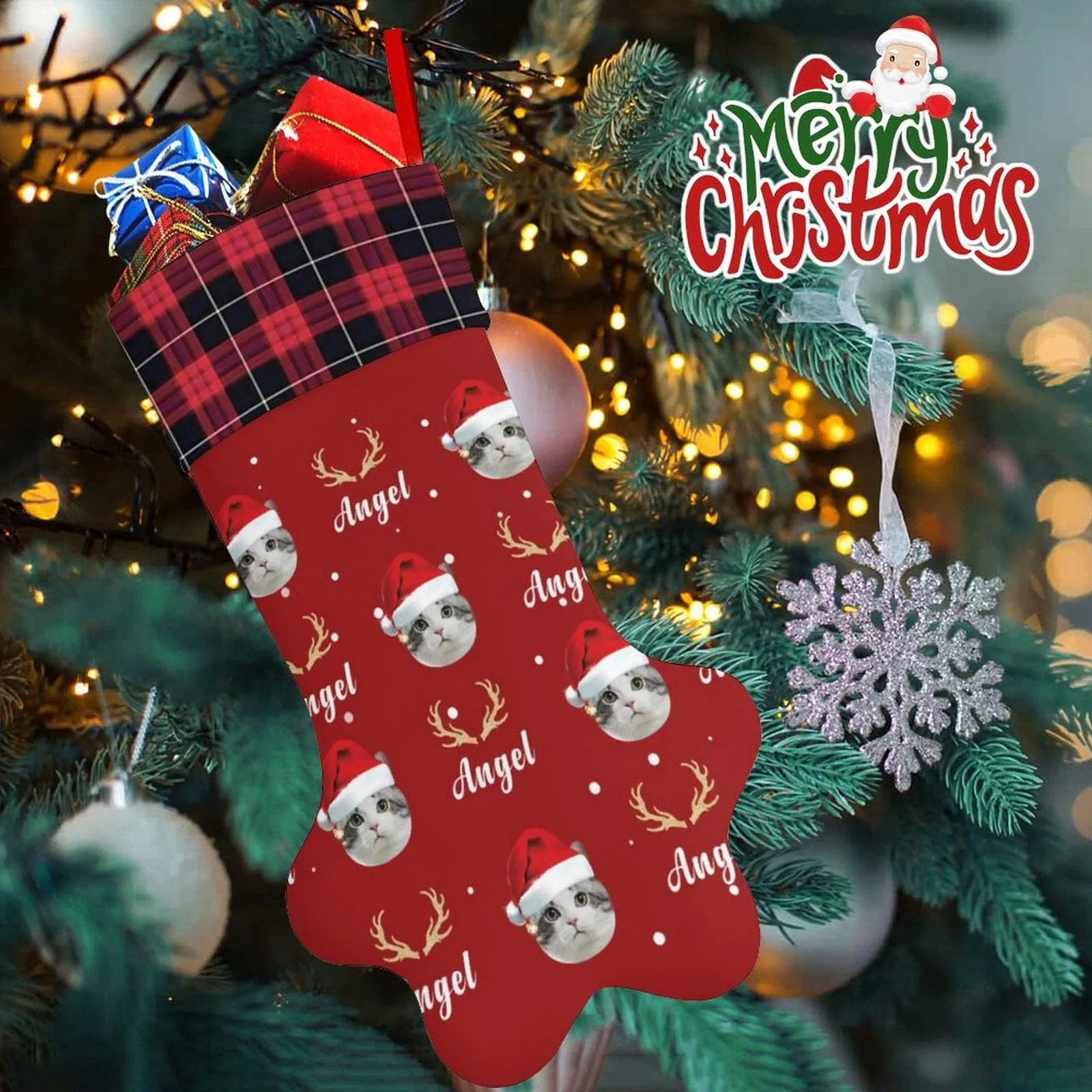 16.6in(L) Plus Size-Custom Pet Face Red Hat Socks Paw Christmas Stocking Holiday Decor Gifts
