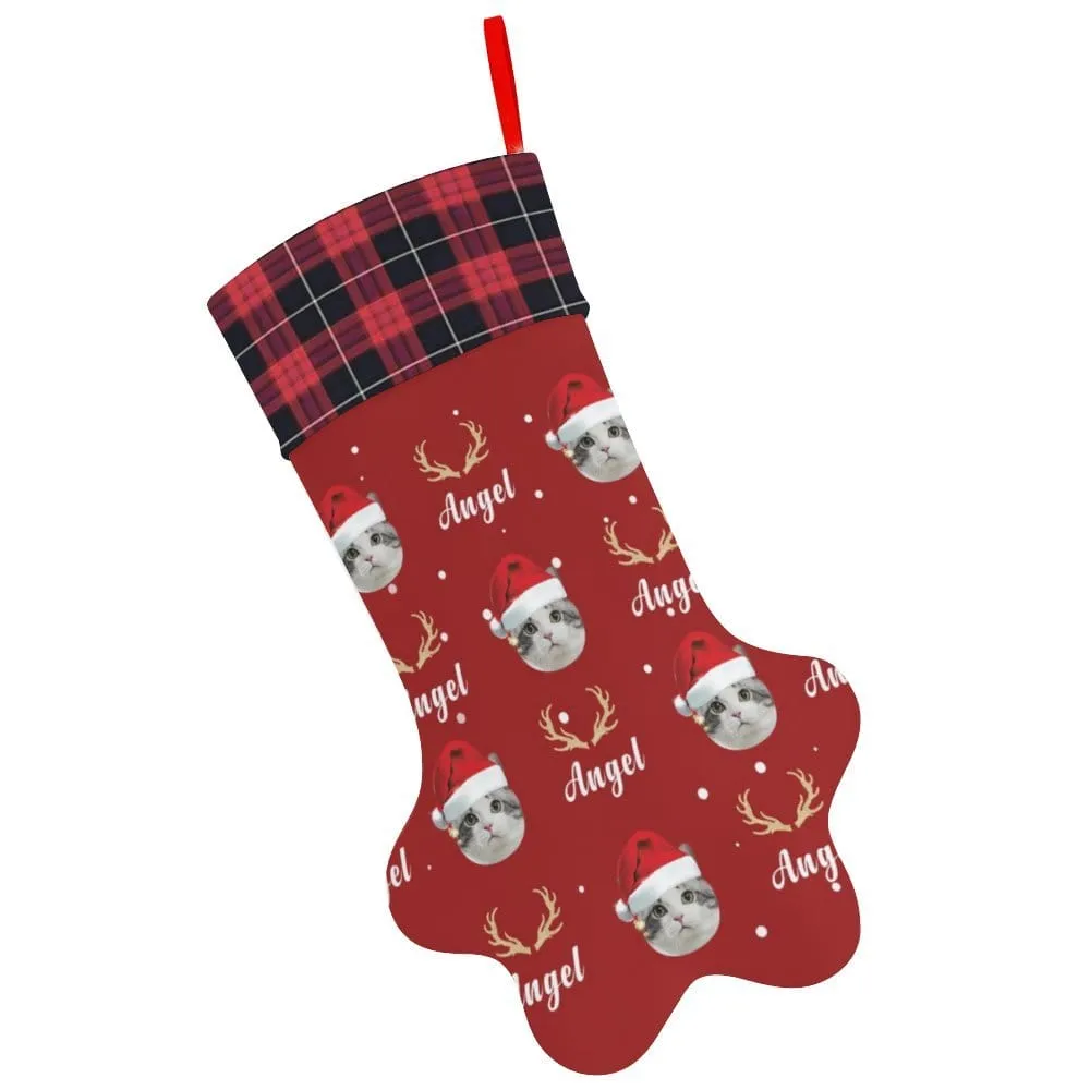 16.6in(L) Plus Size-Custom Pet Face Red Hat Socks Paw Christmas Stocking Holiday Decor Gifts