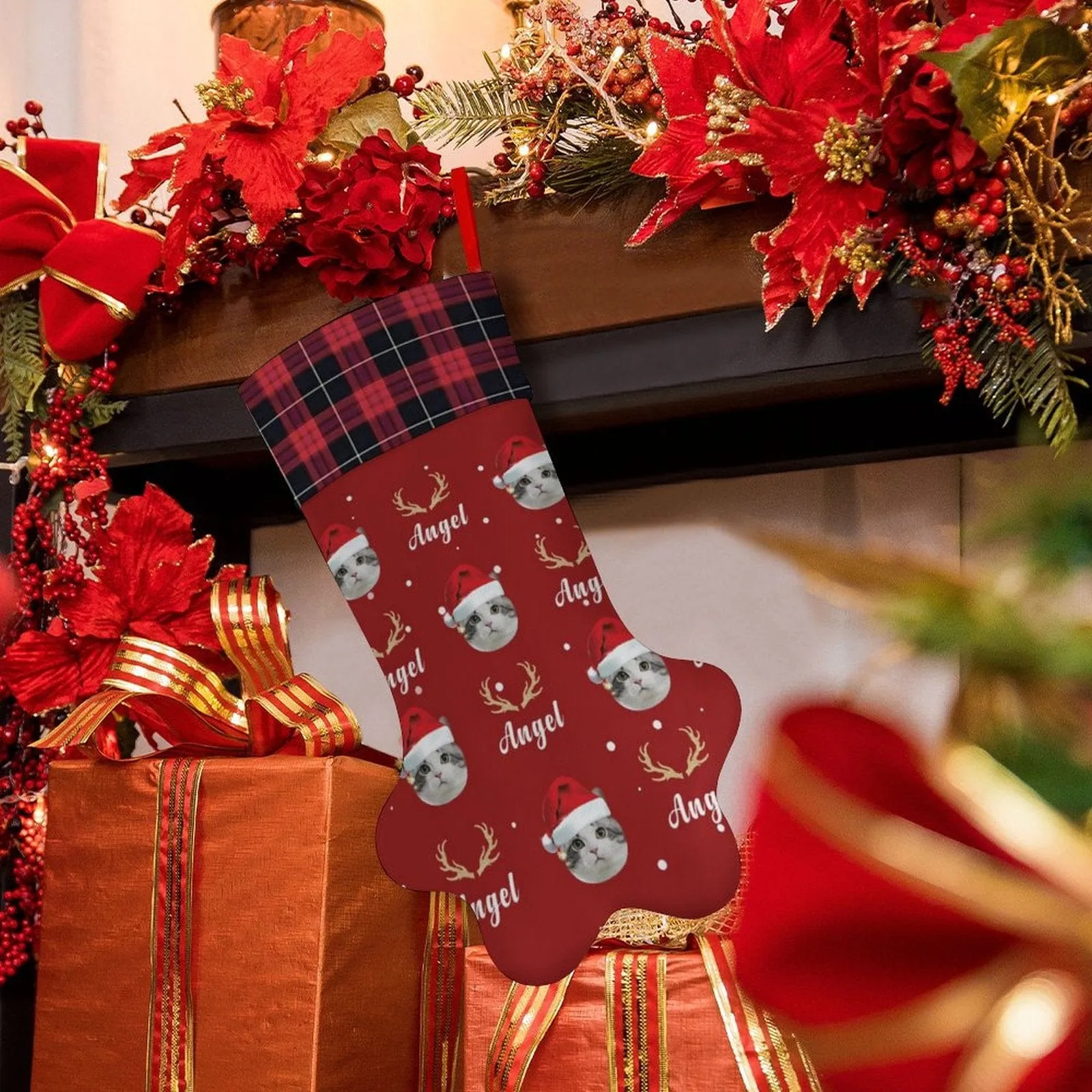 16.6in(L) Plus Size-Custom Pet Face Red Hat Socks Paw Christmas Stocking Holiday Decor Gifts