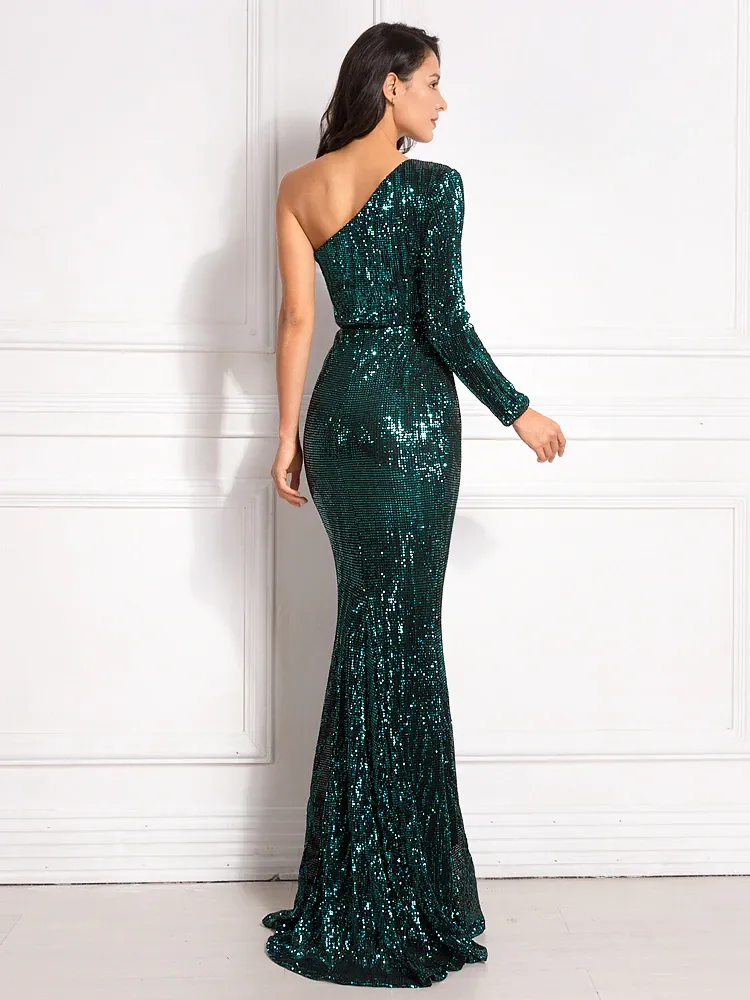 Anya Sequins One Sleeve Gown - Green