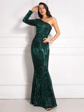 Anya Sequins One Sleeve Gown - Green