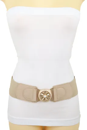 Beige Elastic Fashion Belt Hip High Waist Gold Metal Flower Buckle Fit S M