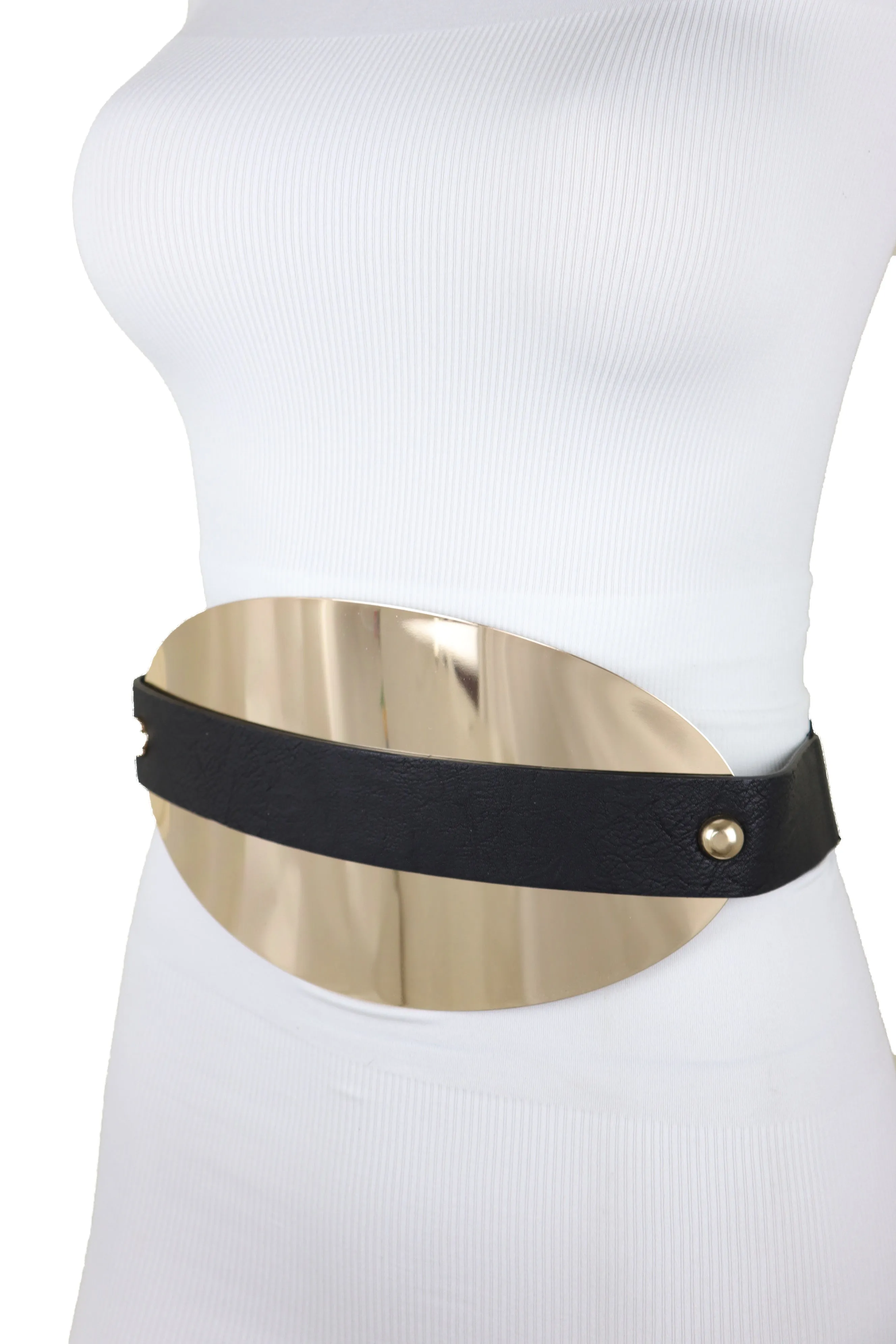 Black Elastic Wide Bling Fashion Belt Hip Waist Oval Gold Metal Plate S M