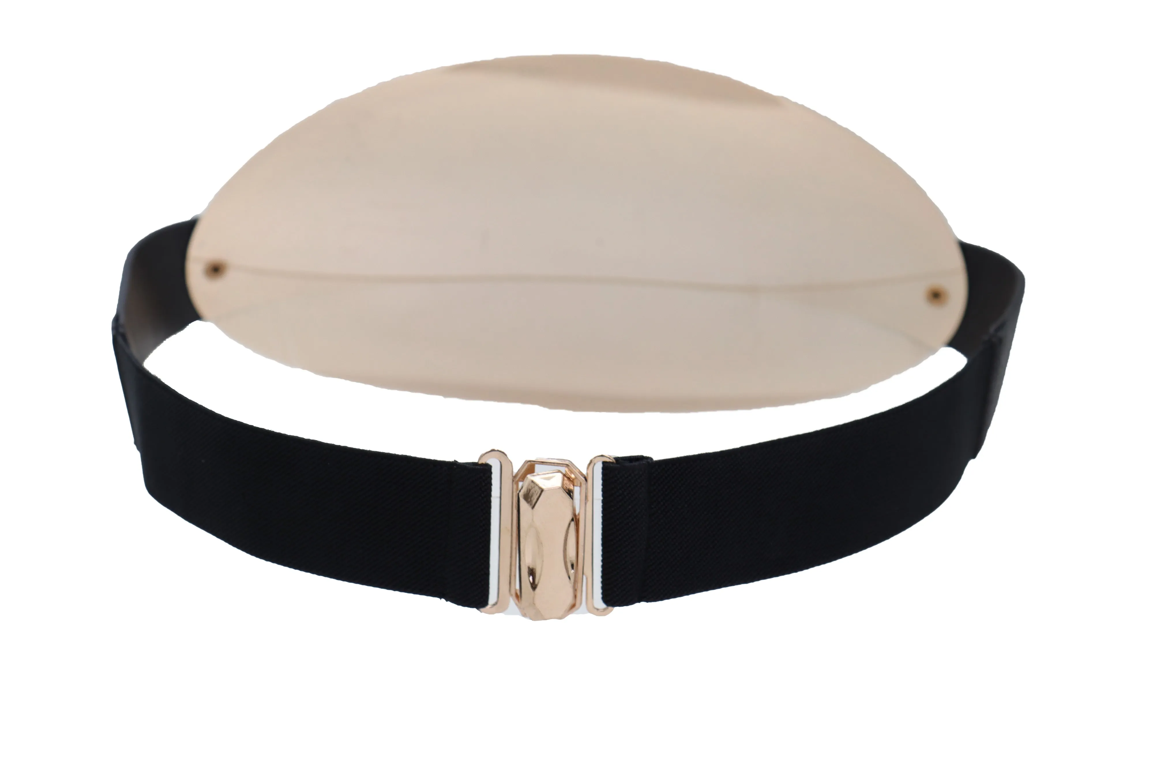 Black Elastic Wide Bling Fashion Belt Hip Waist Oval Gold Metal Plate S M