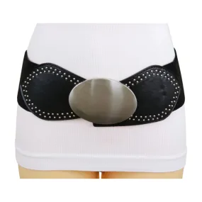 Black Faux Leather Elastic Belt Silver Studs Oval Buckle S M