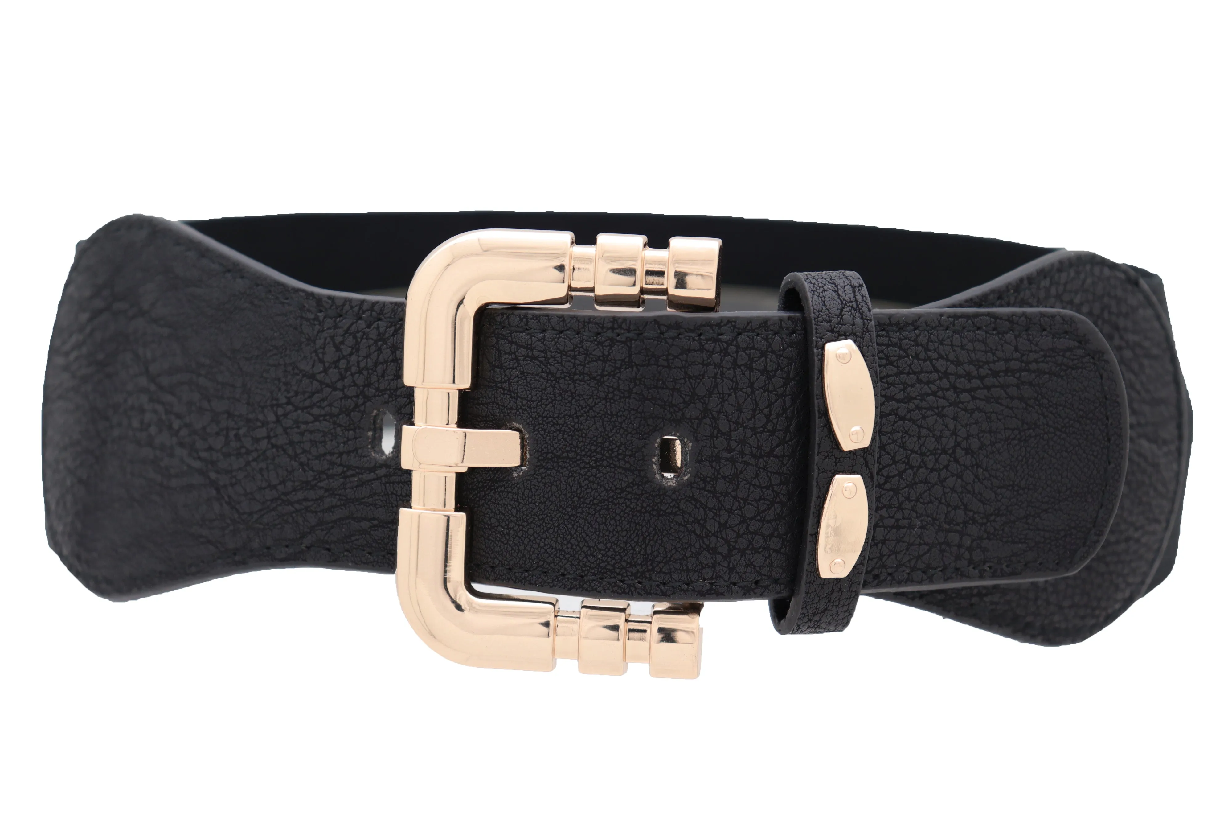 Black Faux Leather Elastic Waist Hip Belt Gold Metal Square Buckle Fit S M