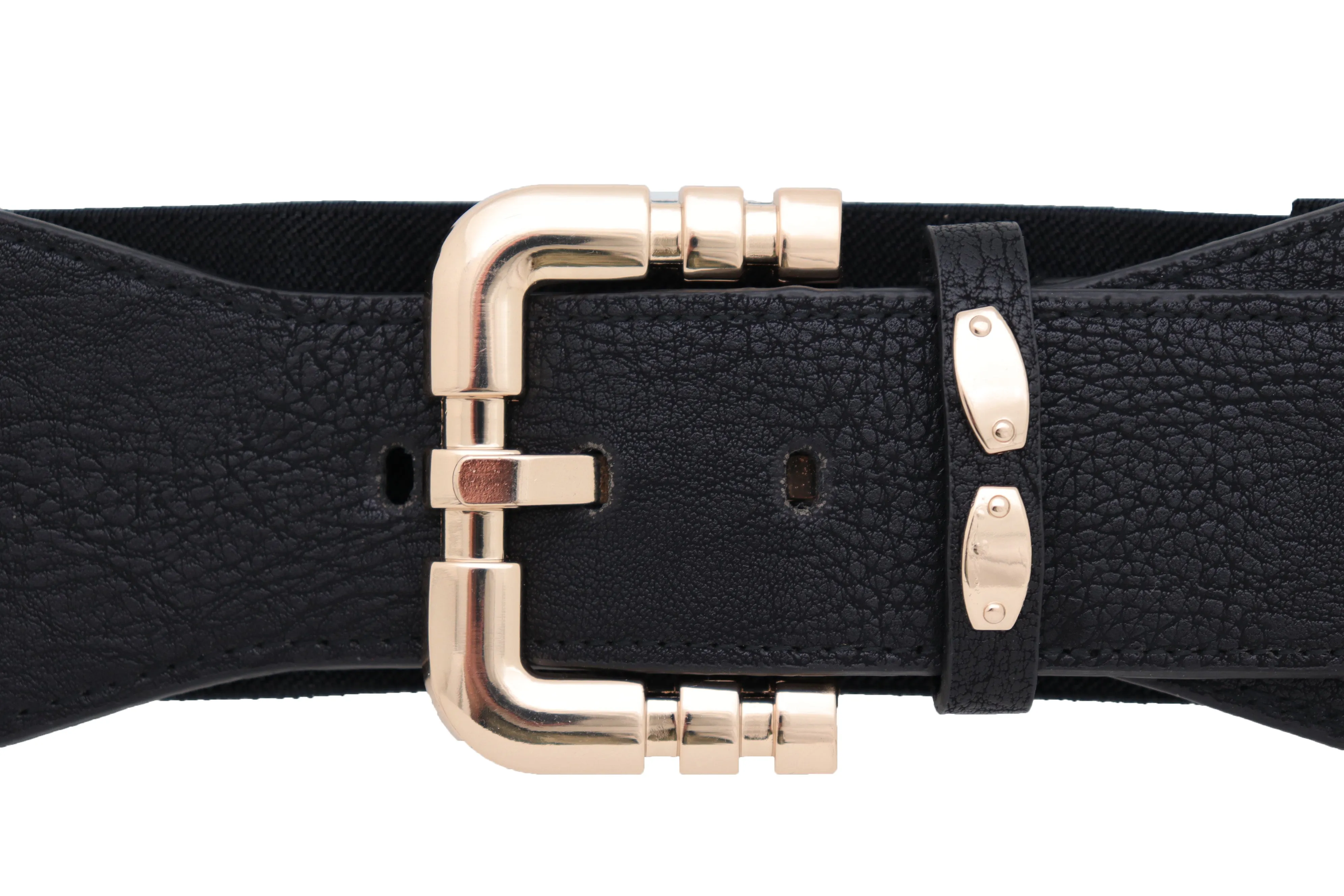 Black Faux Leather Elastic Waist Hip Belt Gold Metal Square Buckle Fit S M