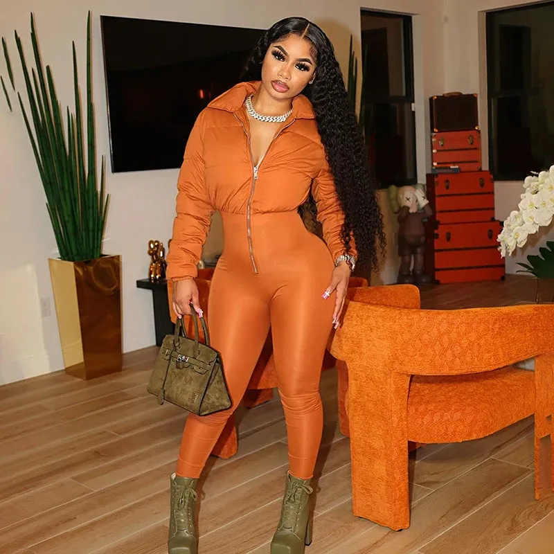 Bomblook K23JP575 Thick One Piece Jumpsuit Winter 100% Cotton Warm Puffer Jumpsuits Solid Women Breathable Jumpsuit