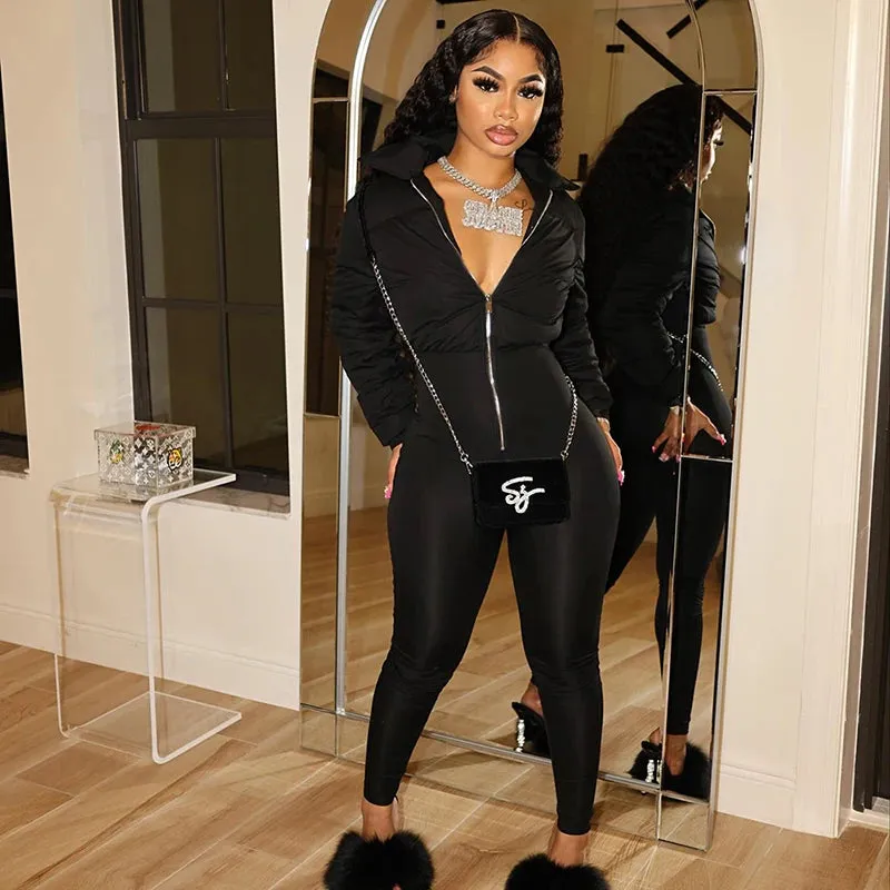 Bomblook K23JP575 Thick One Piece Jumpsuit Winter 100% Cotton Warm Puffer Jumpsuits Solid Women Breathable Jumpsuit