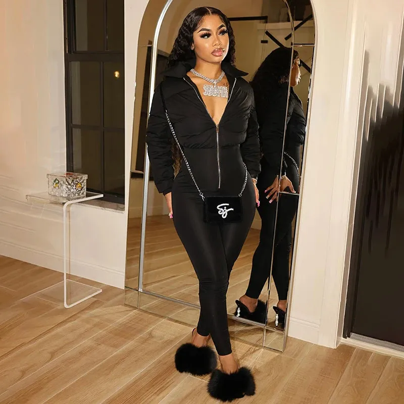 Bomblook K23JP575 Thick One Piece Jumpsuit Winter 100% Cotton Warm Puffer Jumpsuits Solid Women Breathable Jumpsuit