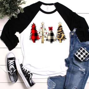 Buffalo Plaid & Leopard Print Christmas Tree Raglan Tee