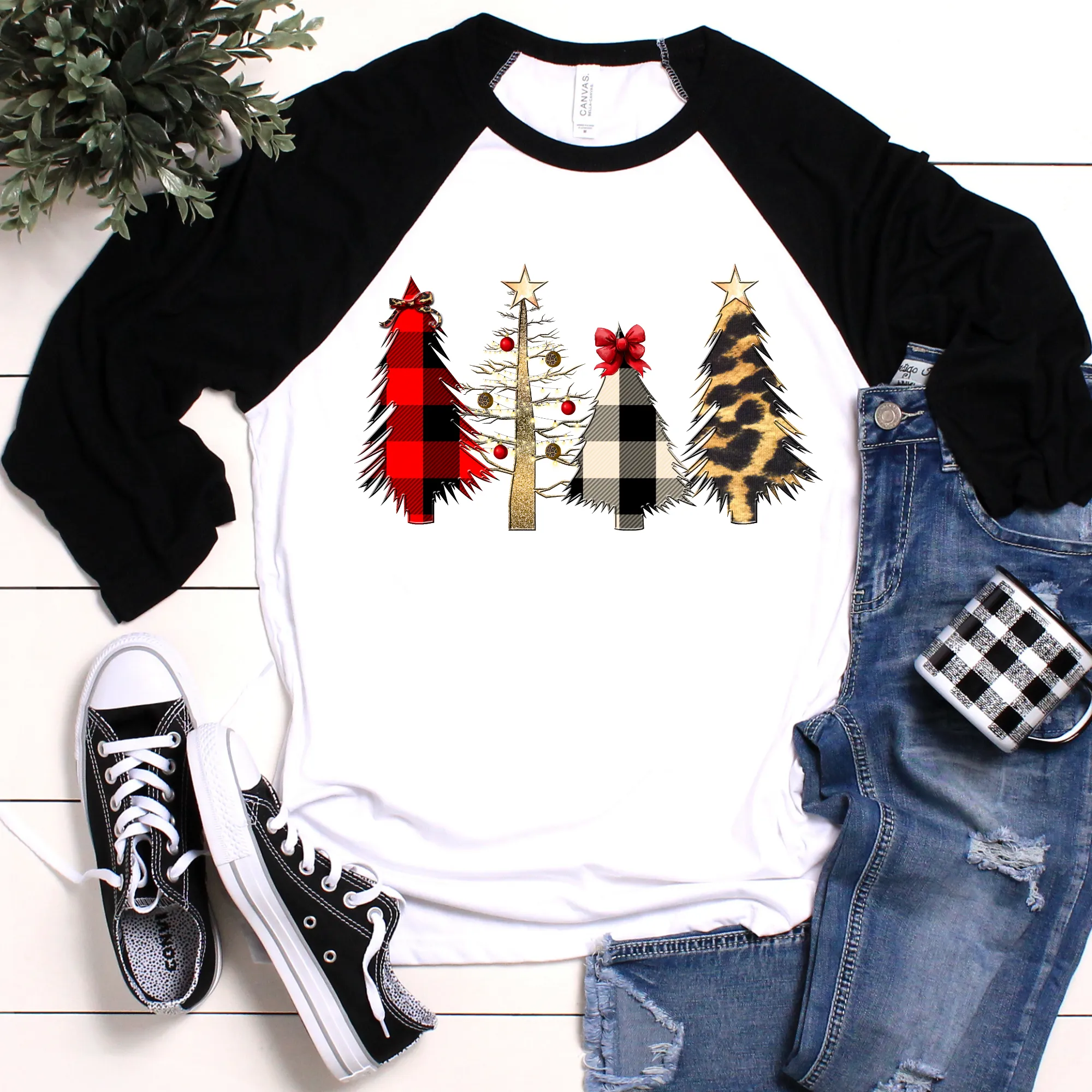 Buffalo Plaid & Leopard Print Christmas Tree Raglan Tee