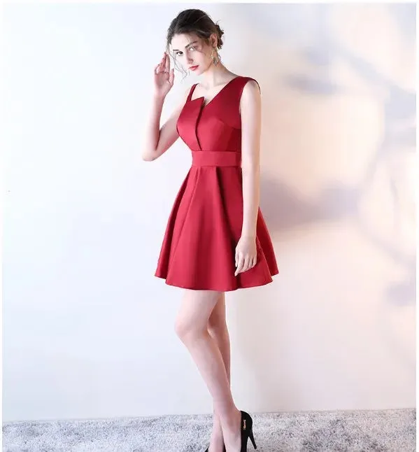 Burgundy Wedding Guest Dresses Short Satin Sexy V Neck One Shoulders ALine Vestido De Gala Elegant Bridesmaid Party Gown Cocktail