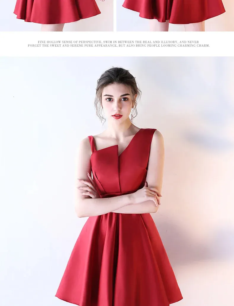 Burgundy Wedding Guest Dresses Short Satin Sexy V Neck One Shoulders ALine Vestido De Gala Elegant Bridesmaid Party Gown Cocktail