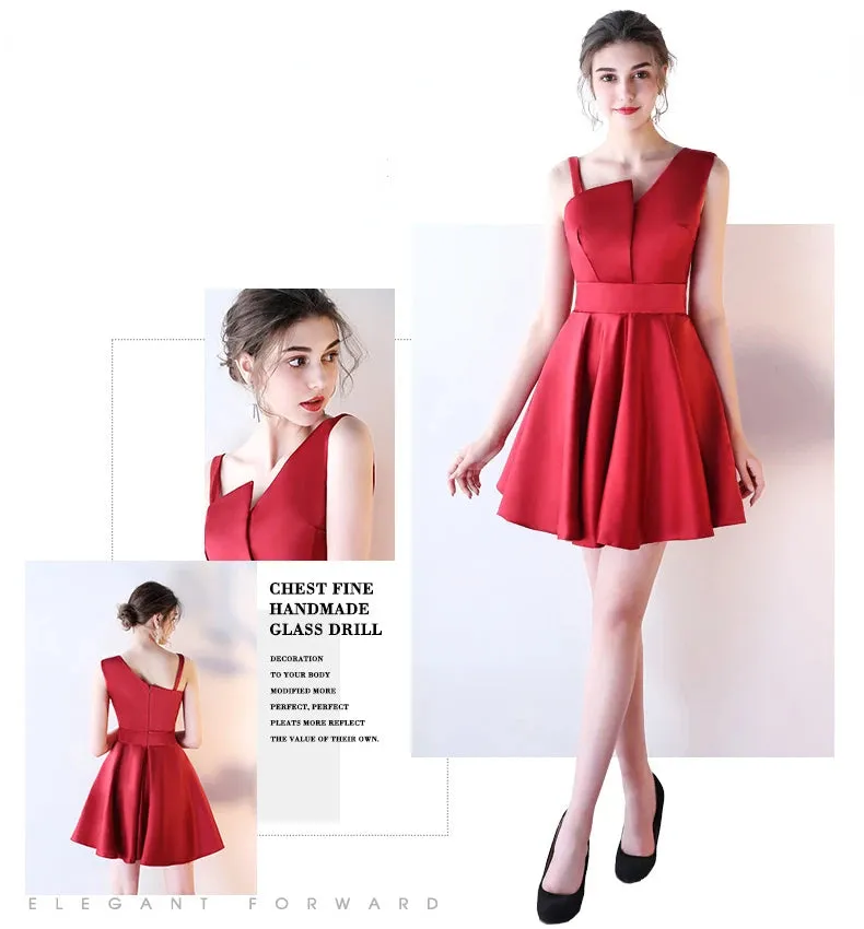 Burgundy Wedding Guest Dresses Short Satin Sexy V Neck One Shoulders ALine Vestido De Gala Elegant Bridesmaid Party Gown Cocktail