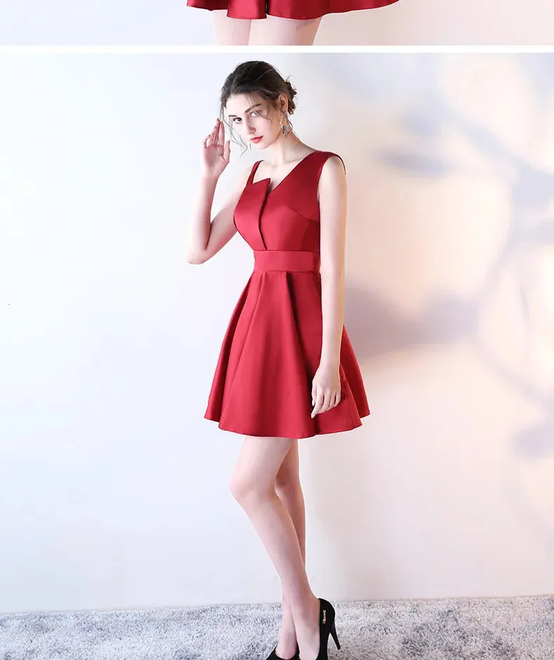 Burgundy Wedding Guest Dresses Short Satin Sexy V Neck One Shoulders ALine Vestido De Gala Elegant Bridesmaid Party Gown Cocktail