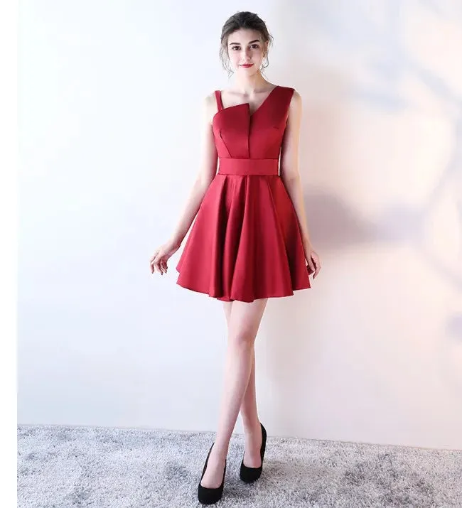 Burgundy Wedding Guest Dresses Short Satin Sexy V Neck One Shoulders ALine Vestido De Gala Elegant Bridesmaid Party Gown Cocktail