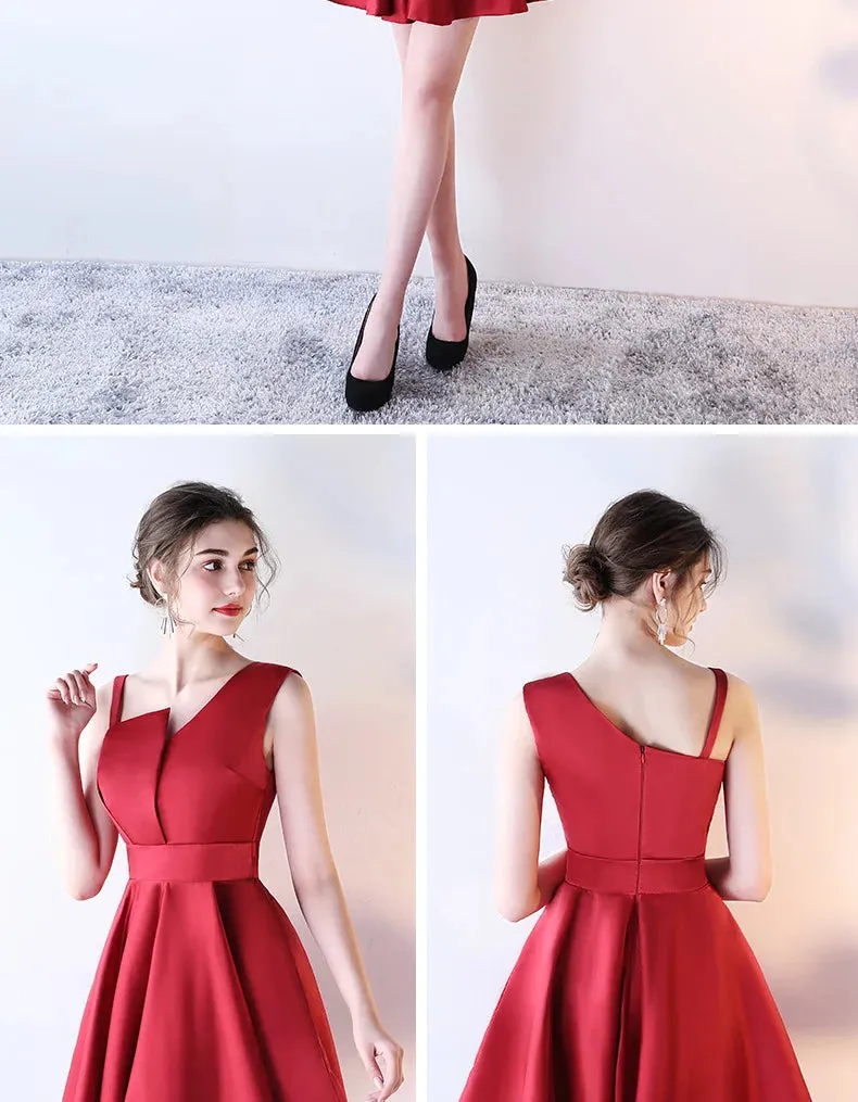 Burgundy Wedding Guest Dresses Short Satin Sexy V Neck One Shoulders ALine Vestido De Gala Elegant Bridesmaid Party Gown Cocktail