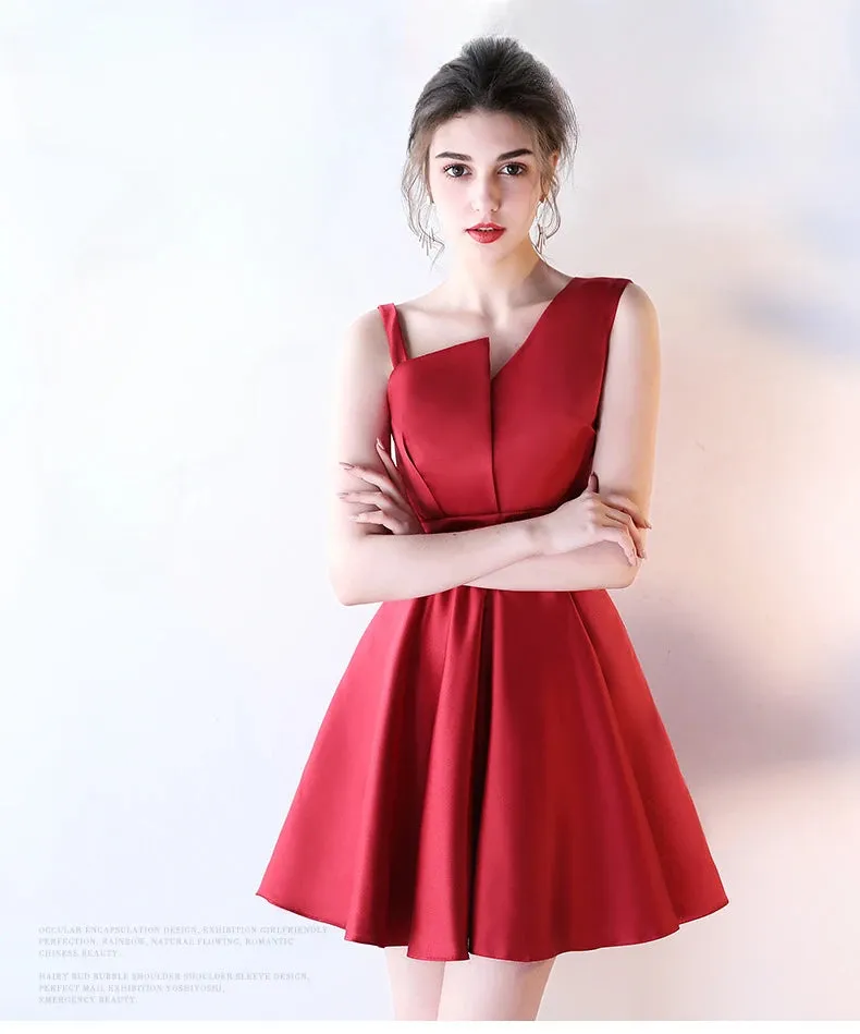 Burgundy Wedding Guest Dresses Short Satin Sexy V Neck One Shoulders ALine Vestido De Gala Elegant Bridesmaid Party Gown Cocktail