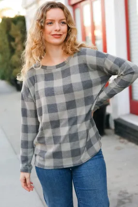 Check It Out Olive Grey Checker Plaid Hacci Pullover (Open Pack)