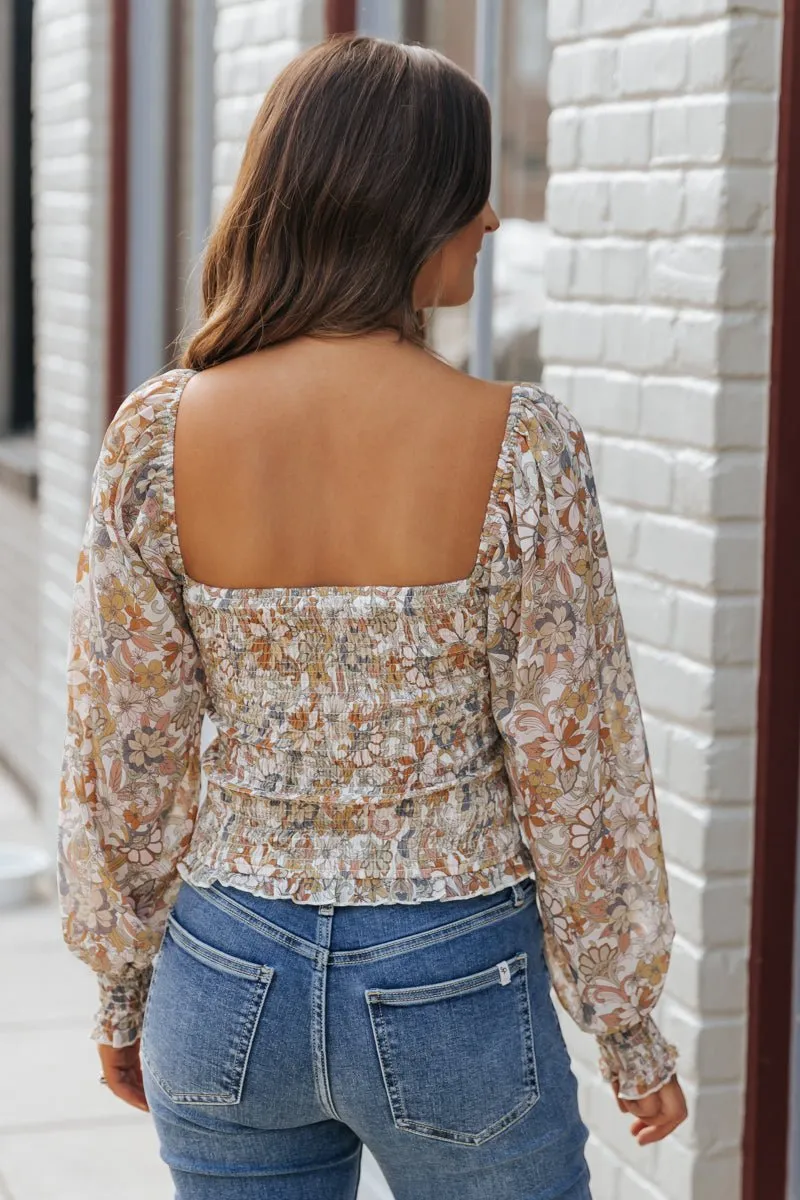 Cream Floral Print Sweetheart Top