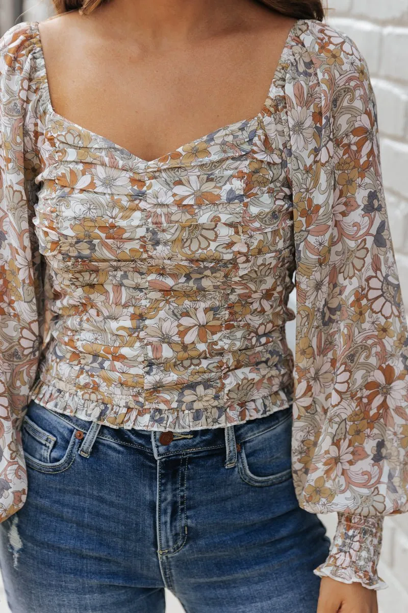Cream Floral Print Sweetheart Top