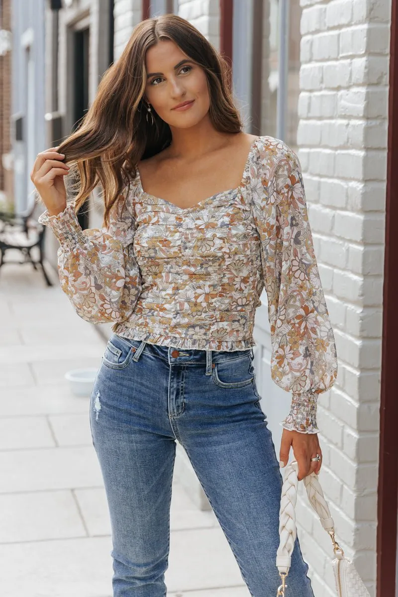 Cream Floral Print Sweetheart Top