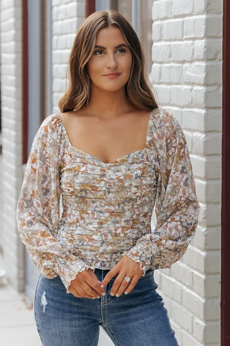 Cream Floral Print Sweetheart Top