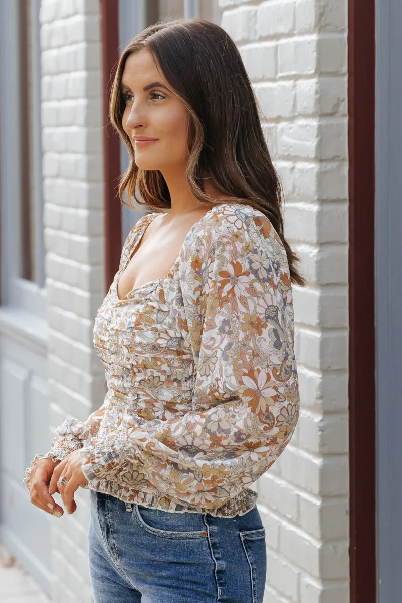 Cream Floral Print Sweetheart Top