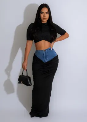 Don't Come Back Ruched Denim Skirt Set Black
