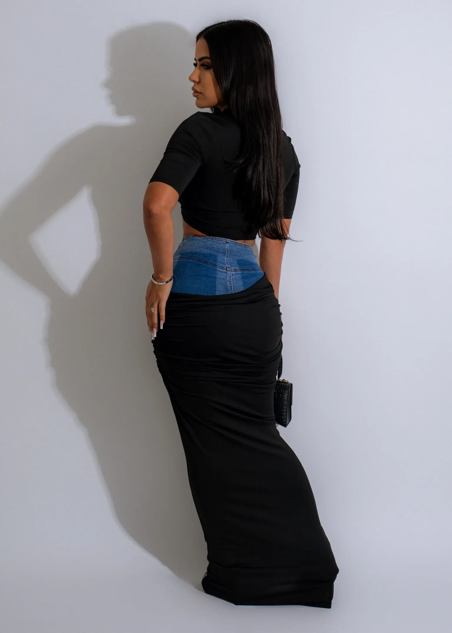 Don't Come Back Ruched Denim Skirt Set Black