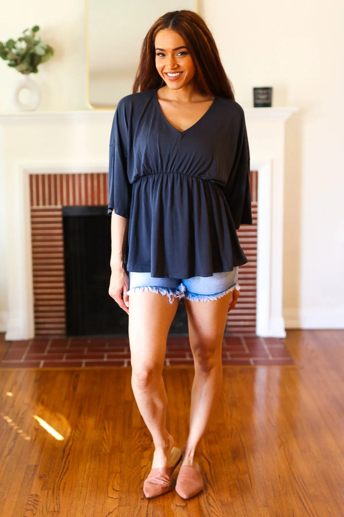 Easy To Love Charcoal Babydoll Dolman Modal V Neck Top (Open Pack)