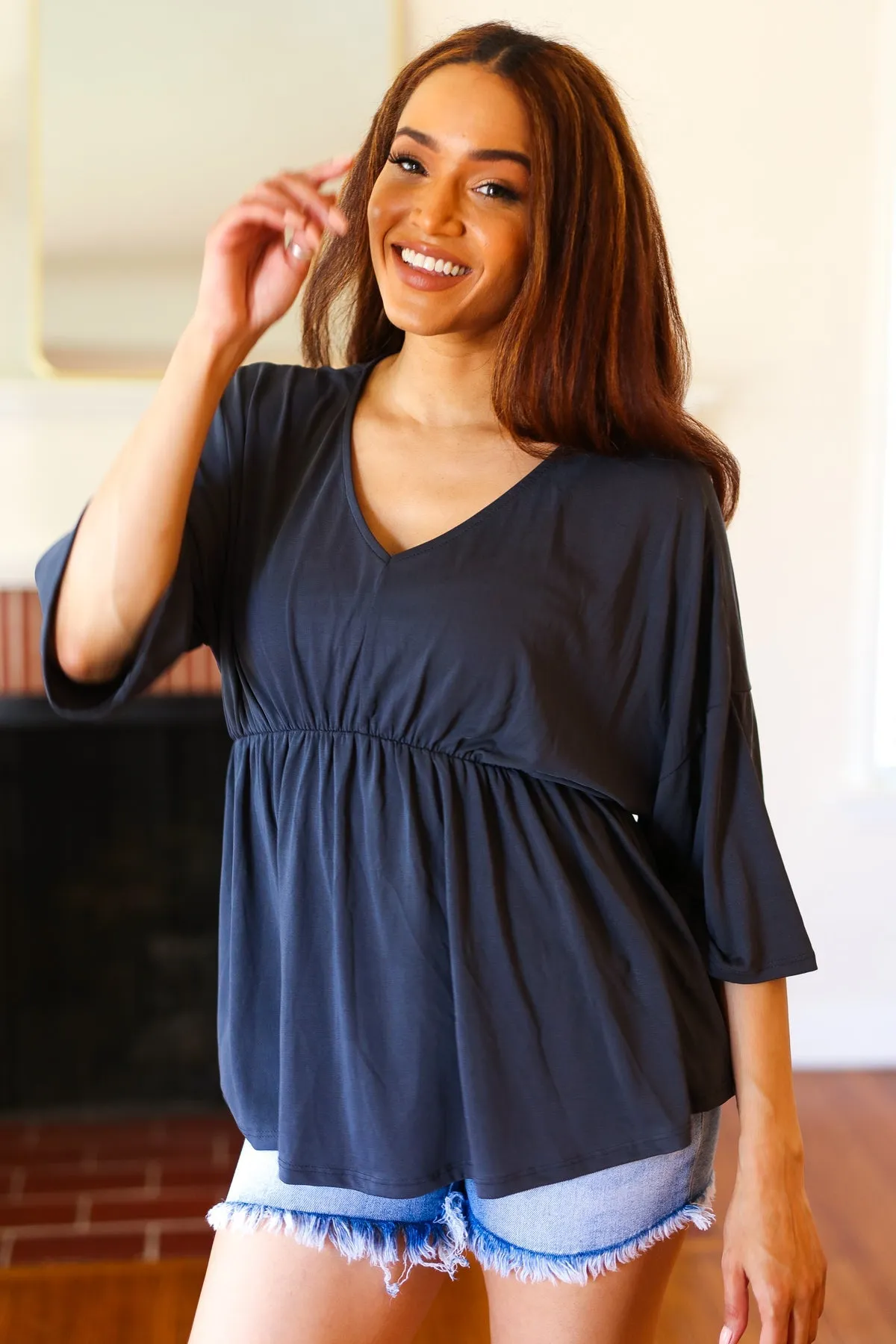 Easy To Love Charcoal Babydoll Dolman Modal V Neck Top (Open Pack)