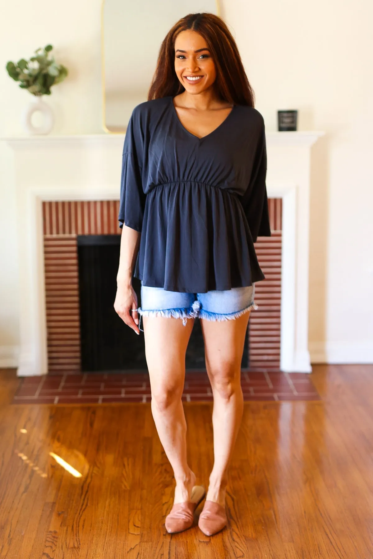 Easy To Love Charcoal Babydoll Dolman Modal V Neck Top (Open Pack)