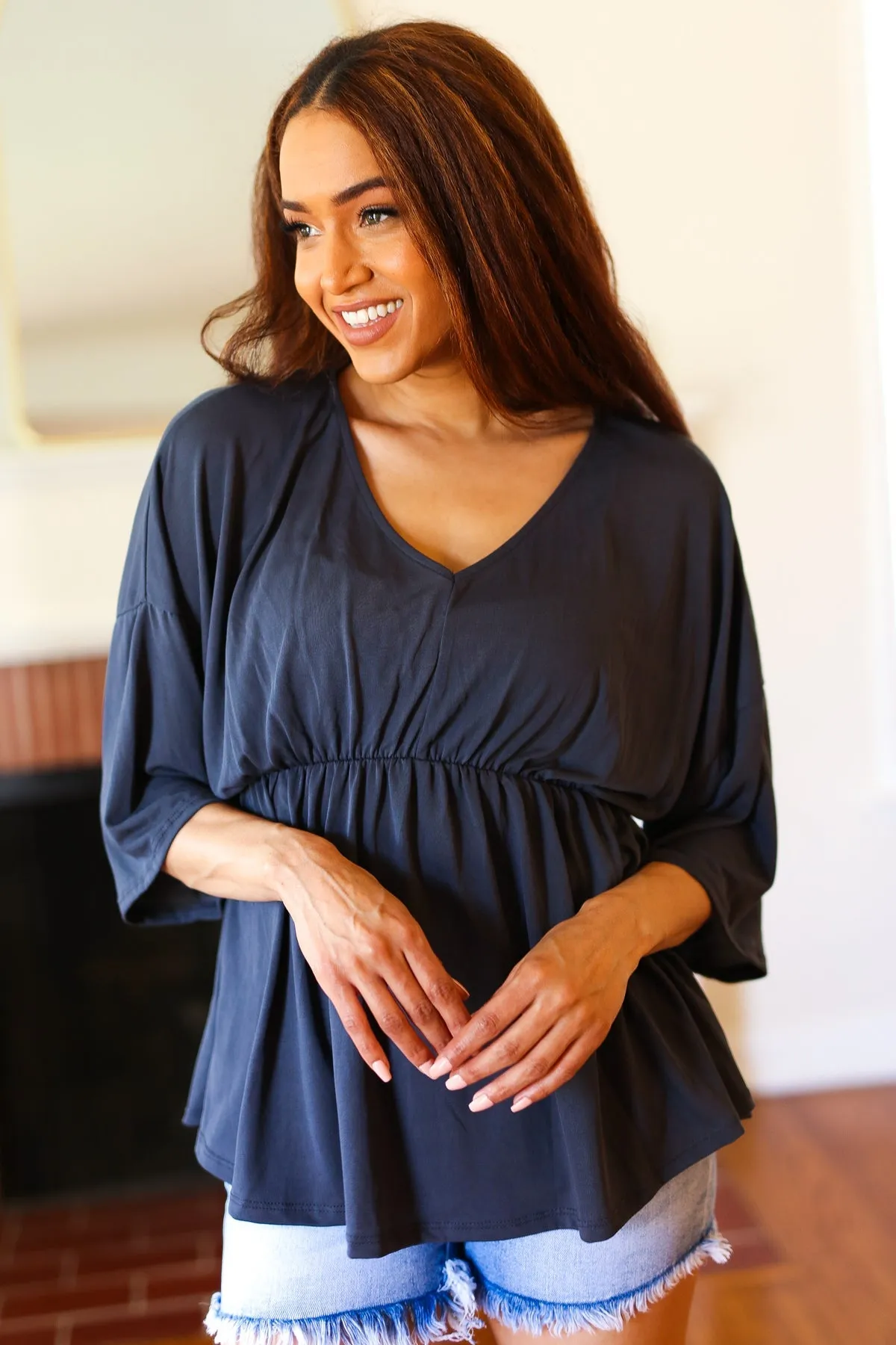 Easy To Love Charcoal Babydoll Dolman Modal V Neck Top (Open Pack)