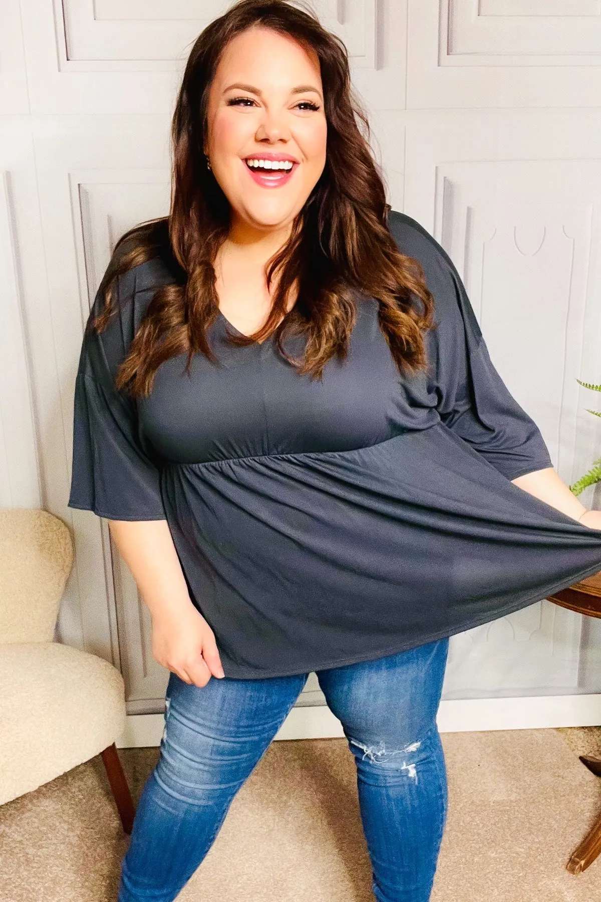 Easy To Love Charcoal Babydoll Dolman Modal V Neck Top (Open Pack)