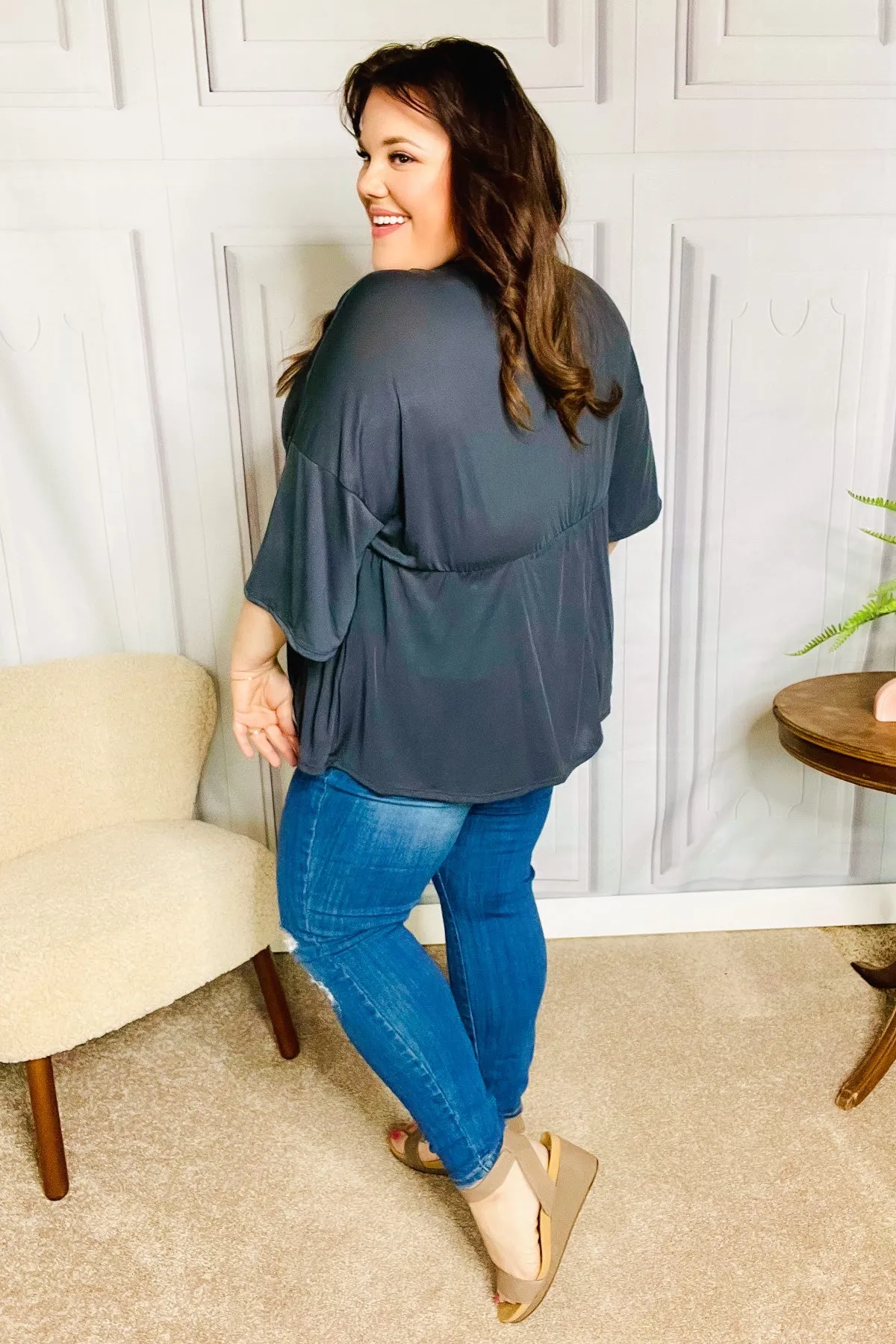 Easy To Love Charcoal Babydoll Dolman Modal V Neck Top (Open Pack)