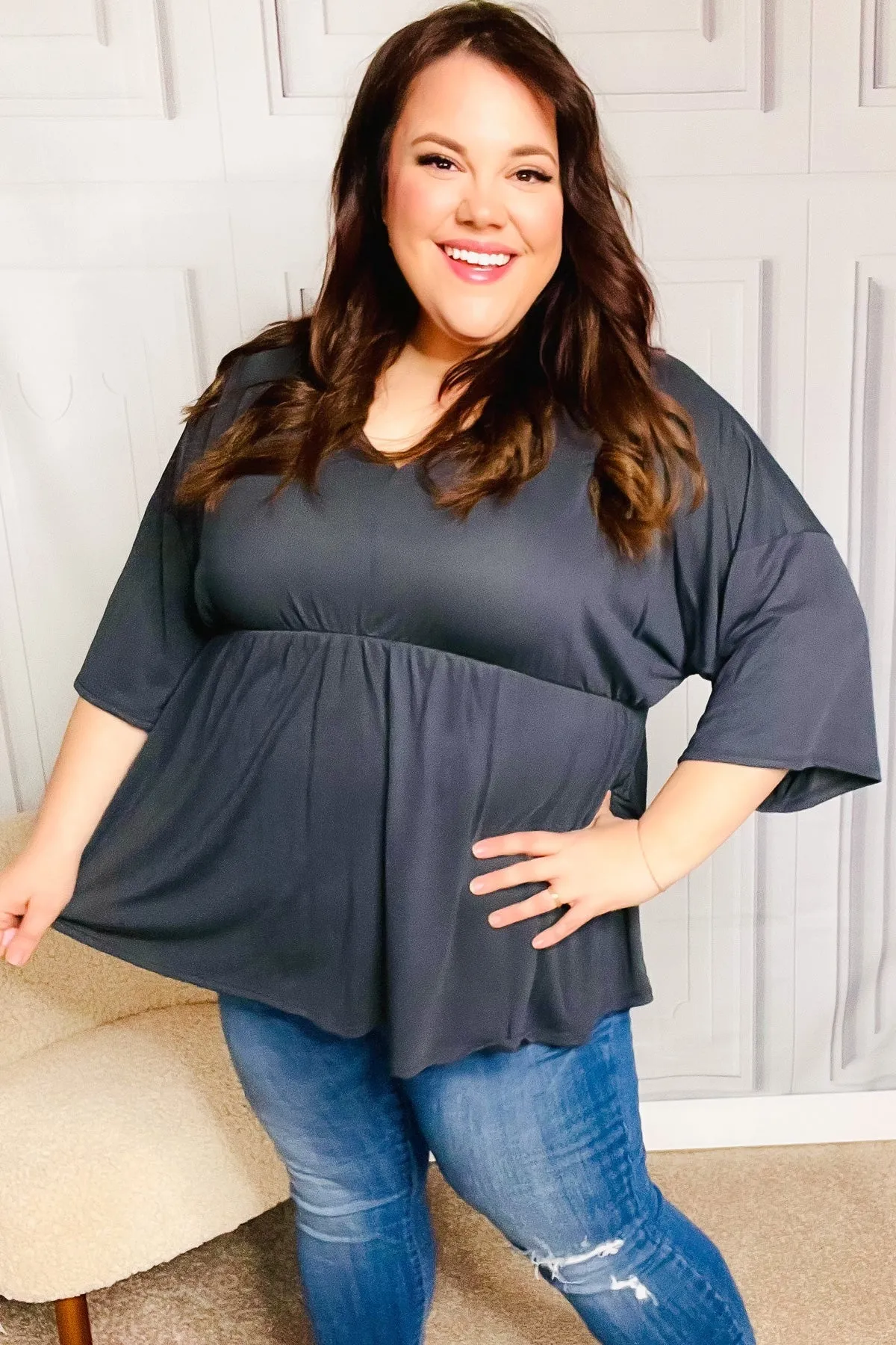 Easy To Love Charcoal Babydoll Dolman Modal V Neck Top (Open Pack)