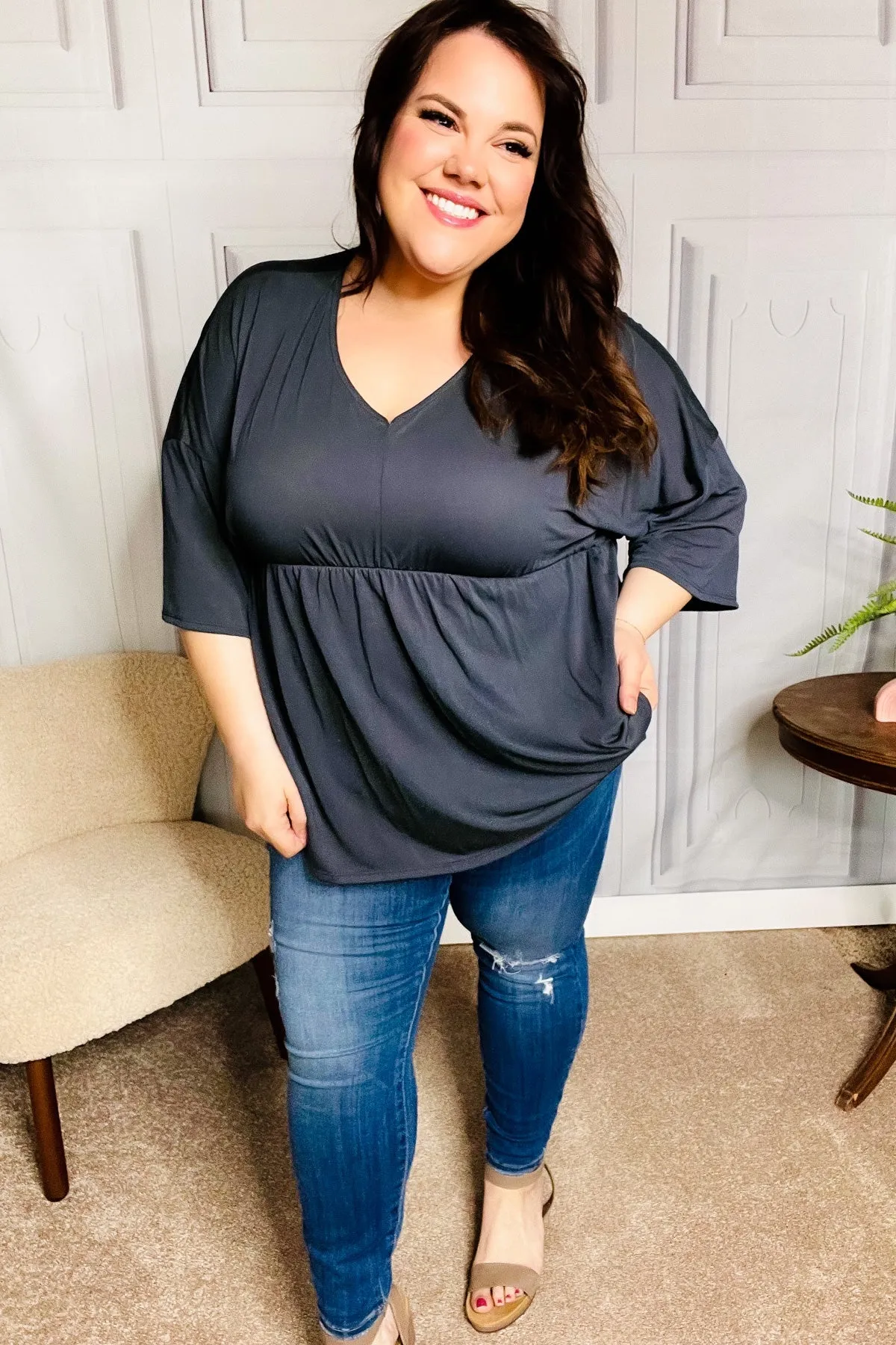 Easy To Love Charcoal Babydoll Dolman Modal V Neck Top (Open Pack)