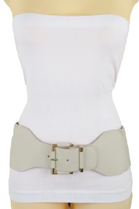 Faux Leather Elastic Waist Gold Square Buckle Belt Size S M