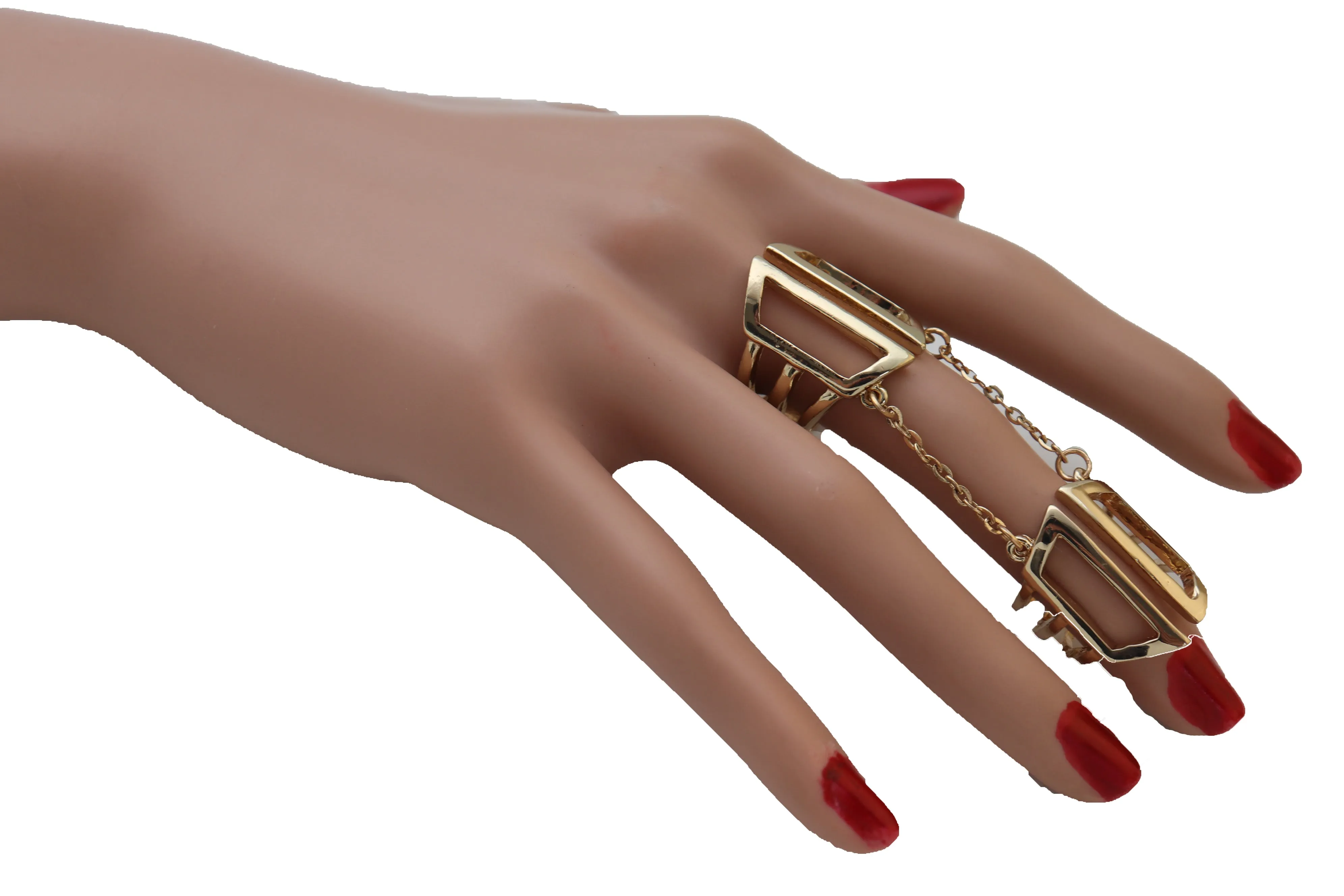 Gold Cuff Ring Metal Long Finger Double Adjustable Band