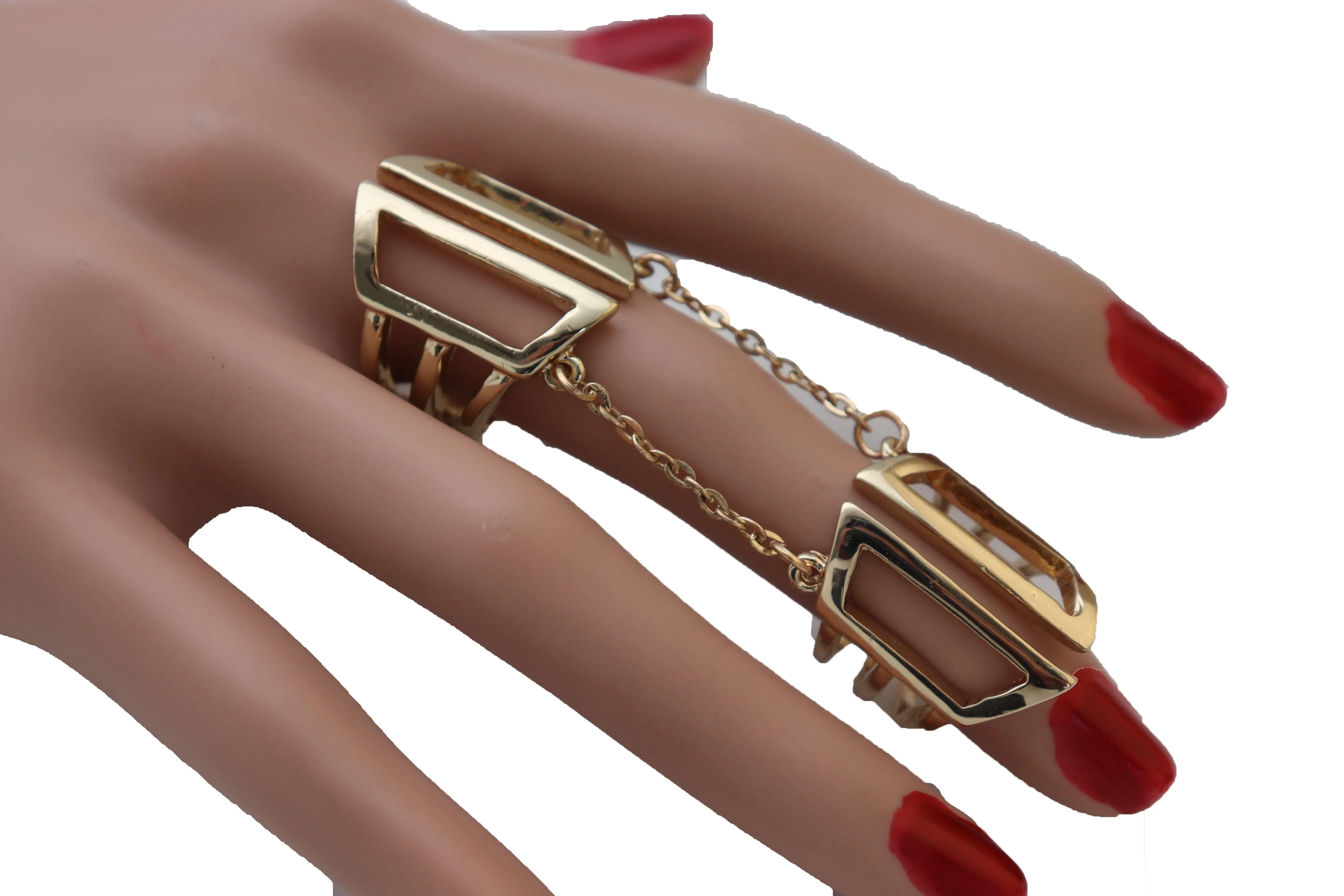 Gold Cuff Ring Metal Long Finger Double Adjustable Band
