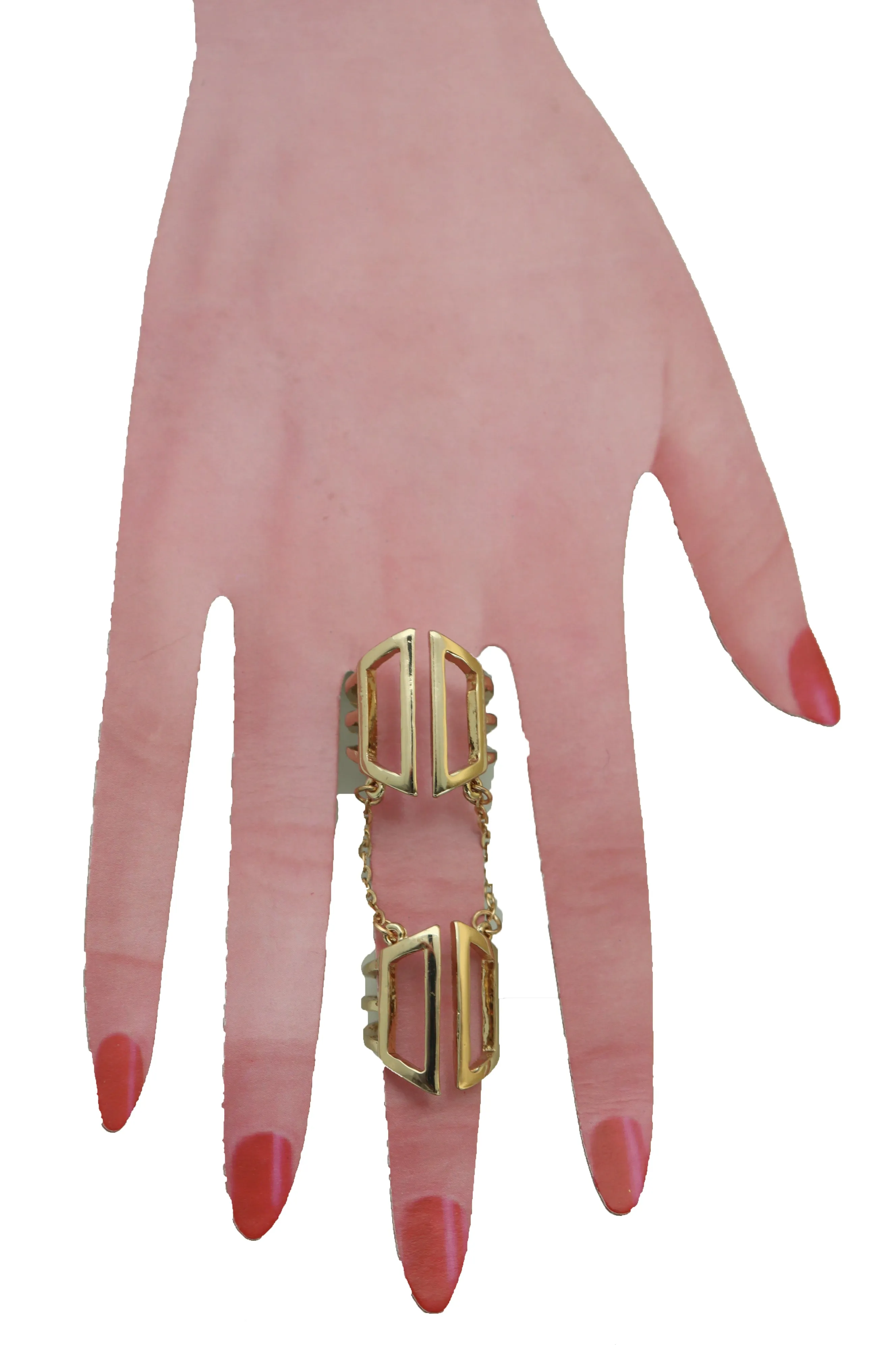 Gold Cuff Ring Metal Long Finger Double Adjustable Band