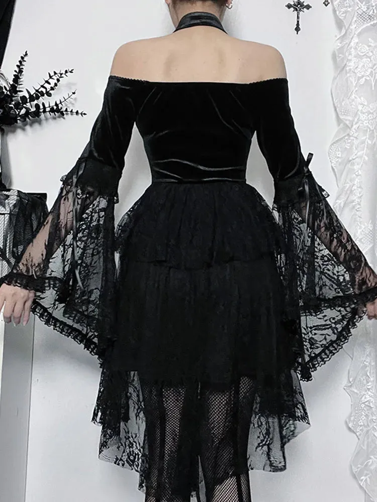 Gothic Vintage Off Shoulder Lace Cocktail Party Velvet Mesh Long Sleeves Halloween Cosplay Dress