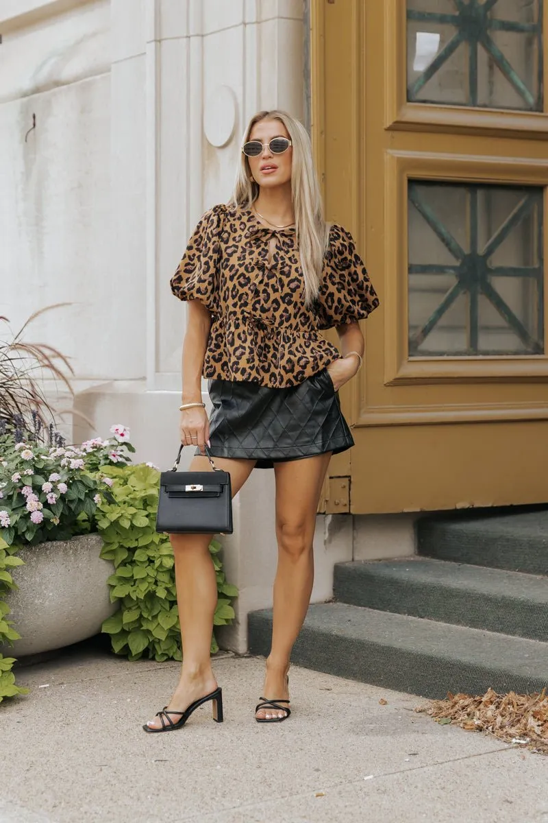 Leopard Print Tie Front Peplum Top