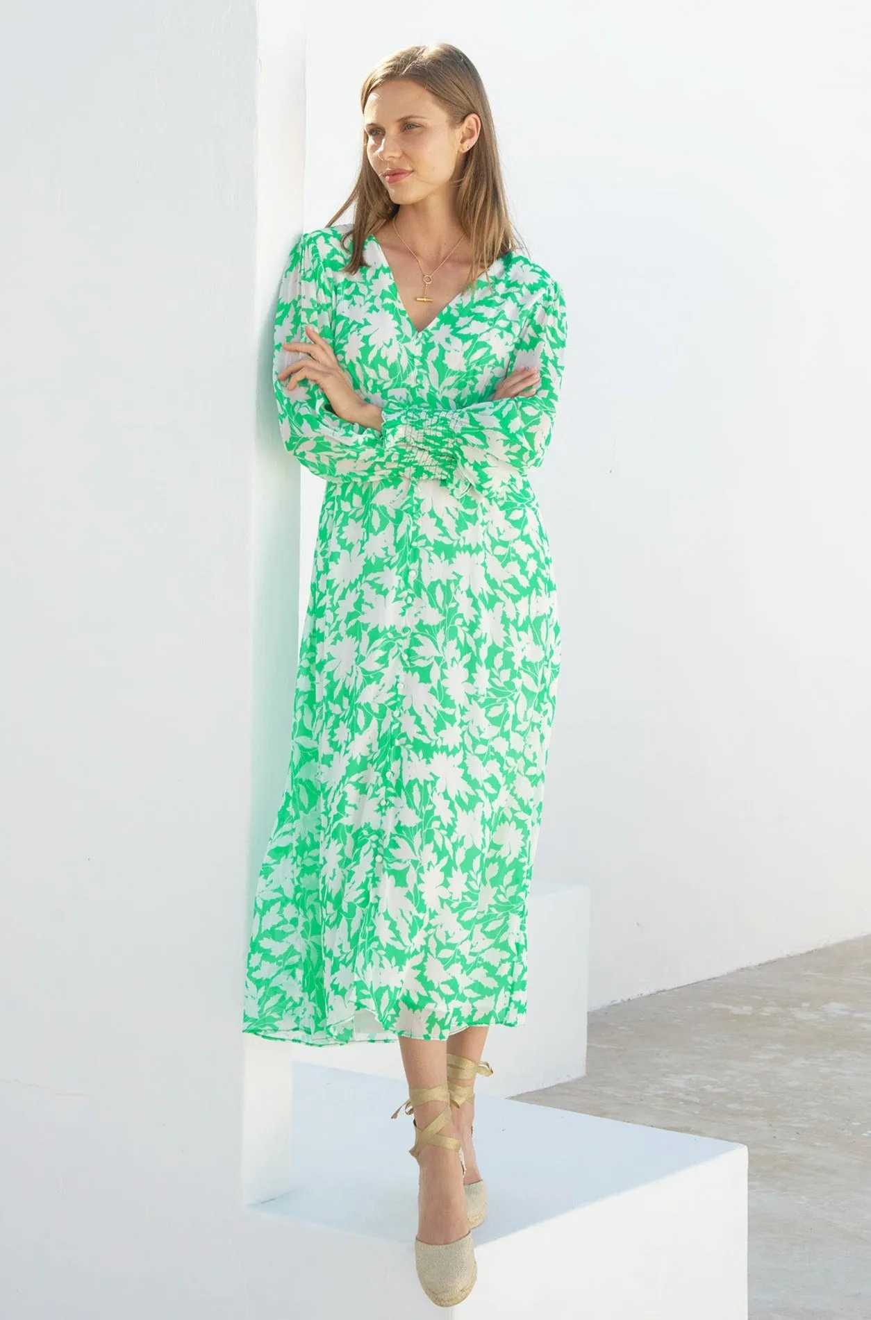 Long Sleeve Sally Anne Dress | Green/Ivory